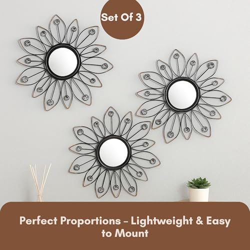 Image of Metal Sunflower Mirror Wall Decor Decorative Mirror Wall Mounted | Mirror Wall Decor for Living Room | Beautiful Metal Modern Designer Hanging Mirror Sculpture Set of 3 (Black & Copper)