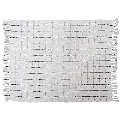 Bloomingville Woven Cotton Slub Blanket With Grid Pattern And Fringe, Cream And Black Throws, 60" L X 50" W X 0" H, Black & Cream #TOP23