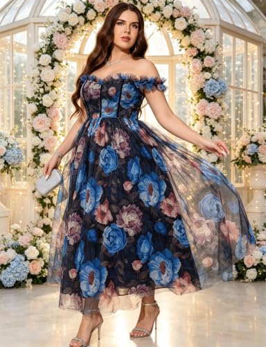 Image of EYWOL Plus Size Formal Wedding Guest Cocktail Party Floral Dress with Slit