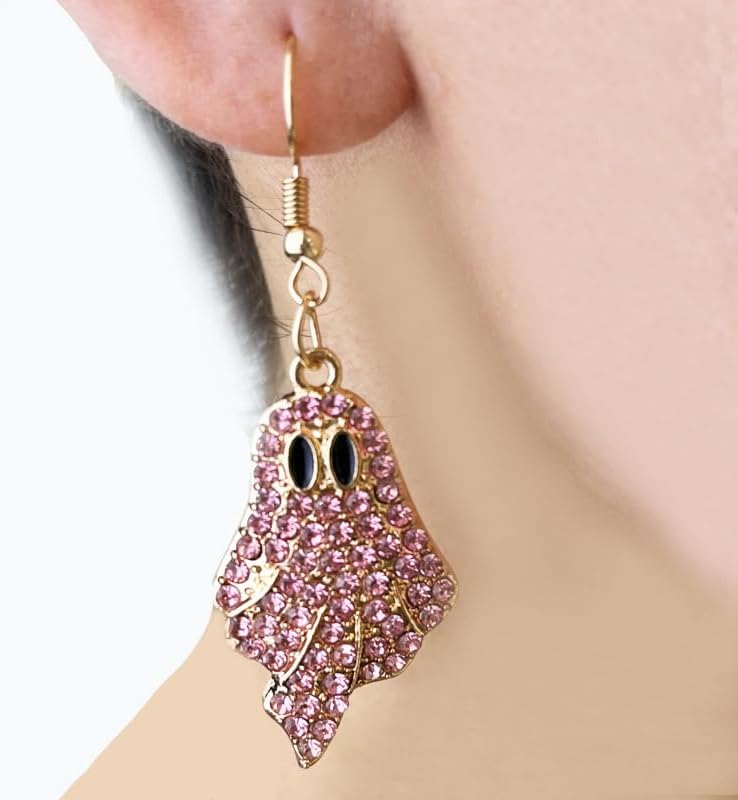 Sparkly Rhinestone Halloween Pumpkin Ghost Earrings Necklace Set Delicate Diamond Beaded Jack-o-lantern Ghost Earrings Necklace Set Shiny Halloween Party Costume Cosplay Jewelry Gifts - Image 3