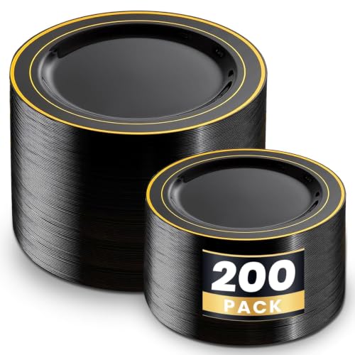 Image of WDF 200PCS Black and Gold Plastic Plates - Black Plates Disposable for Party - Heavy Duty Plastic Plate for Wedding /Party /Birthday /Halloween
