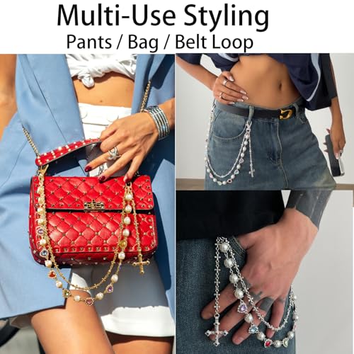 Image of Y2K Pearl Pants Chain Streetwear Jewelry- Unisex Layered Wallet Chain with Heart Cross Pendant, Punk Aesthetic Jeans Keychain Accessory for Men Women