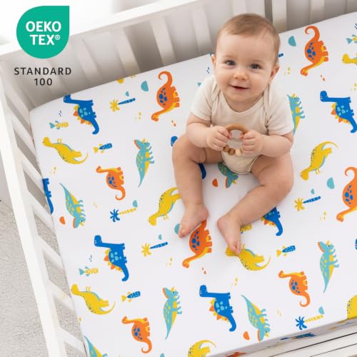 Image of david's kids 3 Pack Fitted Crib Sheets, Ultra Soft Breathable Comfortable Baby Sheet Set for Boys Girls Neutral, 28x52 Inch Fits Standard Crib and Toddler Mattresses, Dinosaur
