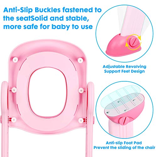 NEARPOW Töpfchen-WC-Sitz mit Trittleiter, verstellbares Baby-Kleinkind-Kindertrainer mit weich gepolstertem Kissen, robust, rutschfest, für 1-7 Kinder (Pink) - Image 5