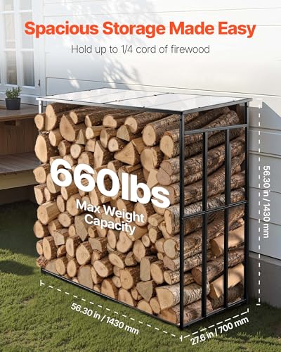 Image of VEVOR Firewood Rack with Sloped Roof, 4 ft Outdoor Firewood Holder, 1 /4 Cord Log Storage Shed, 660lb Max Weight Capacity, Powder-Coated Metal Wood Storage Rack for Fireplace Deck Backyard Garden
