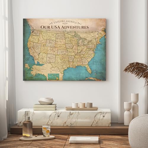 Image of DECORARTS - Oversized Push Pin Travel Map USA, Extra Large US Maps for Wall, Antique Old United States Pin Board Canvas, Giclee Print, Handcrafted in USA, 40x30''