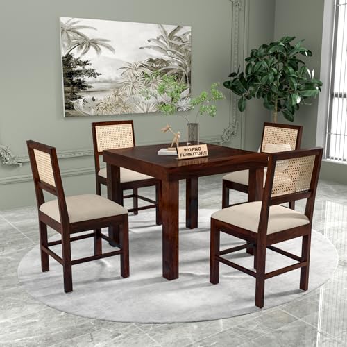 Image of Solid Sheesham Wood 4 Seater Dining Table Set with Cushioned Chairs for Dining Room | Living Room | Home & Office | Hotels Restaurant & Cafe (4 Seater, Walnut Finish)
