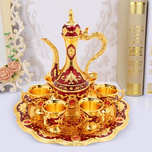 Turkish Tea Set, Vintage Turkish Coffee Set with Tray Teapot & 6 Cups, Luxury Metal Wine Pot with Jewelry & Exquisite Pattern for Home Decor/Birthday/Christmas Wedding (Red)