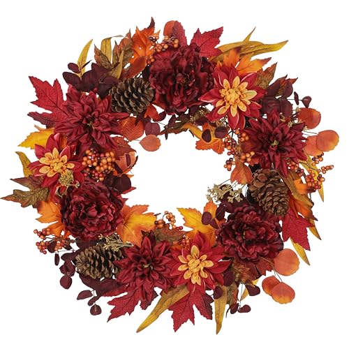 Briful 24 Autumn Wreath for Front Door - 60CM Artificial Dahlia Flower Silk Peony Wreaths - Autumn Flower Wreath with Natural Pinecones for Indoor Window Wall Thanksgiving Fall Decorations