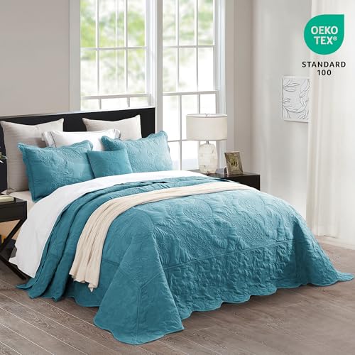 Image of HZ & HY Oversized King Bedspread 128x120 Extra Wide, Stitched Paisley Quilt Set King /Cal King, Lightweight Reversible Coverlet, Scalloped Edge - Fresh Blue Classic Look, 5 Piece, Blue