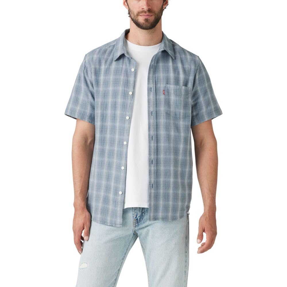 Levi's Men's Classic 1 Pocket Short Sleeve Button Up Shirt (Also Available in Big) Standard Large Leon Plaid Steam Blue Cotton Linen