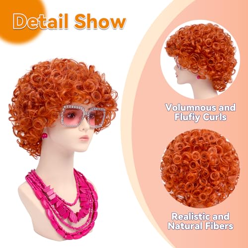 Image of Women Roper Curly Orange Red Cosplay Wig with Necklace Earrings and Sunglasses for Women Hallween Costume Wig
