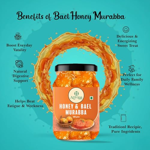 Image of Arivasa Organics Bael Murabba with Honey (500g) Natural & Fresh Wood Apple (Bel) Marmalade | Handmade Sweet Preserve - Supports Gut Health, Immunity & Overall Wellness (No Added Sugar, Artificial Preservatives or Flavors)