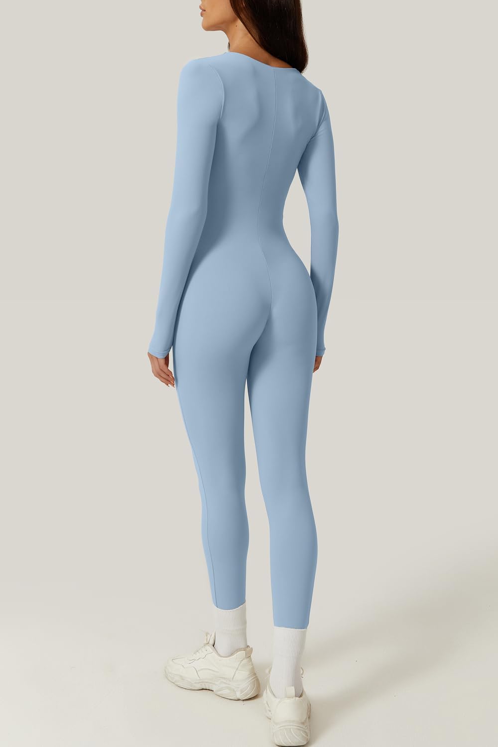 QINSEN Womens Sexy Square Neck Long Sleeve Full Length Leggings Bodycon Stretch Jumpsuit - Image 5