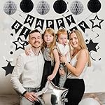 meowtastic Birthday Decorations, Happy Birthday Banner with Honeycomb Balls, Star Hanging Swirl Streamer, Circle Dot Garland, Happy Birthday Party Decoration for Women Men Boys Girls (Black & Silver) - Image 3