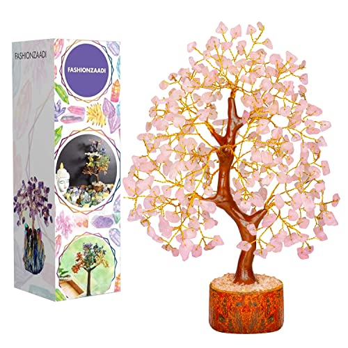 FASHIONZAADI Rose Quartz Gemstone Crystal Tree Healing Crystals & Stones Chakra Trees Reiki Stone Good Luck Bonsai Crystal Home Office Table Décor Gift Size -10-12 inch (Golden Wire) Cover