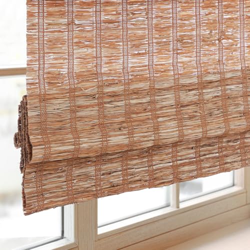 FACIMI Cordless Bamboo Roman Shades, Blackout Custom Roman Window Blinds, Natural Woven Bamboo Blinds for Windows, Sliding Glass Door, Leather Brown