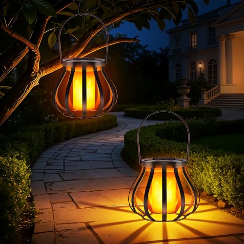 2 lanterne solari con effetto fiamma reale per esterni, IP65, impermeabili, per giardino, balcone, terrazza e cortile con sensore crepuscolare automatico, decorazione da giardino, Senza gancio e base