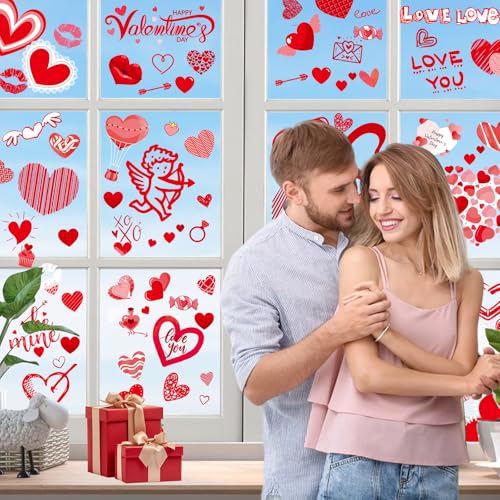 Image of 9 Sheets Valentine Window Clings, Valentines Day Decorations Heart Decor | Valentine's Day Window Decals, Red Heart Stickers for Home Office Classroom Romantic Cupid Decals Decor for Party Date Nights