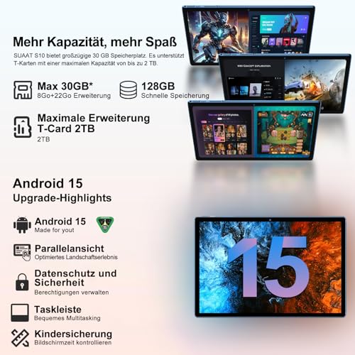 SUAAT 2026 Neuestes Android Tablet 【128 GB ROM+2TB】【Gemini AI】 8000 mAh,10.1 Zoll, Widevine L1, Octa Core, Bluetooth 5.0, GPS,GMS… – Ansicht 3