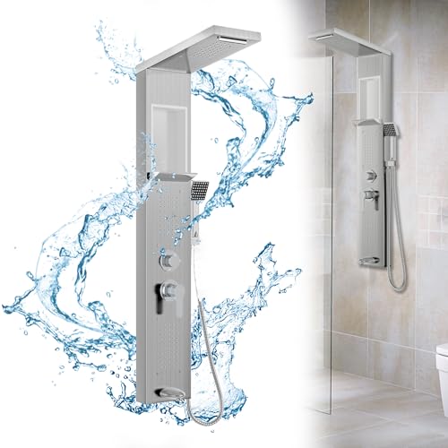 HENGMEI Panel de ducha de acero inoxidable cepillado, columna de ducha con 5 modos de ducha, torre de panel de ducha con ducha de lluvia, ducha de masaje, ducha cascada, ducha de mano (plata)