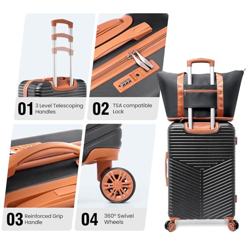 Image of Hoteel luggage Sets 4 Piece Carry on Luaagae Suitcases with Spinner Whells & TSA Lock (4-YEAR WARRANTY), Carry on Suitcase ABS+PC Hard Shell Lightweight Travel Suitcases(13in /20in /DB /TB, Black)