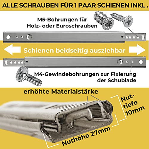 Neuhall Schubladenschienen 27mm Länge: 278mm (2 Stück) Stahl Schienen für Schubladen Teilauszug Schubladenauszug Kugelauszug Schubladen Schienensystem Auszugschienen inkl. Schraubenset