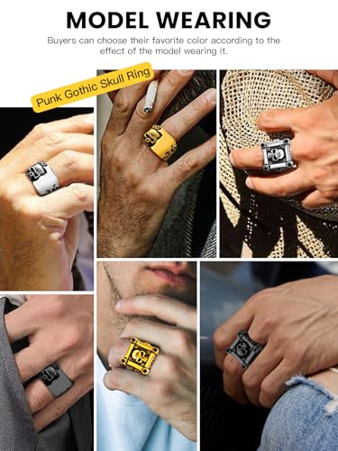 Cool Retro Skull Rings 316L Stainless Steel/18K Gold/Black Gothic Skull Band Rings Faith Jewelry for Men Women, Size7-14 with Gift Box2