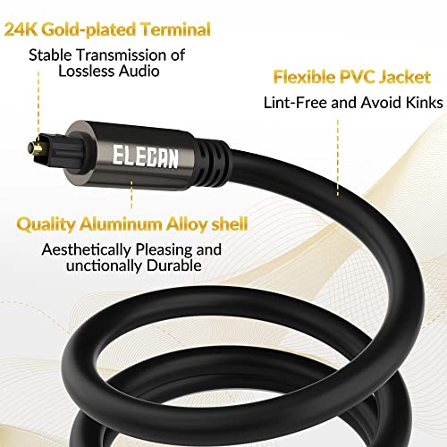 Elecan Optical Audio Cable 30 Ft Digital Audio Toslink Cable Cord-Fiber Optic-Gold Plated-Flexiable&Durable-for Home Theater,Sound Bar,PS4&Xbox-with 4 Right Angled and Mini Toslink Adapters+Ties