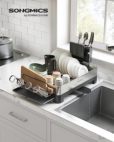 Image of SONGMICS Dish Drying Rack, Stainless Steel, Extendable Spout | Dish Drainers for Kitchen Counter, Fingerprint-Resistant, 12.4 x 23.1 In, Ink Silver and Black, PAXTON Collection UKCS030B01
