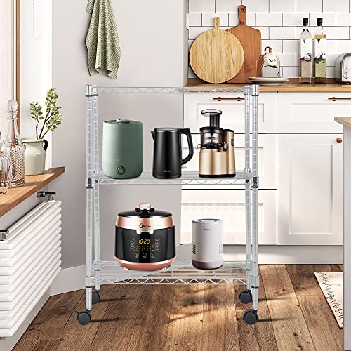 Image of BestOffice | 3-Tier Wire Storage Shelves with Wheels | 23x13x31 | Chrome | Adjustable Racks | Heavy-Duty Metal Shelf, Holds Upto 170 lbs | No-Tool Assembly | Ideal for Home & Garage Shelving