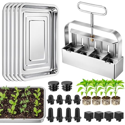 CraftyDream Soil Blocker with 5 Large Stainless Steel Seedling Trays 4 Cell Handheld Seed Blocker 2 Quad Soil Block Maker with 3 Types Seed Pins Water Catch Tray for Seeds Stater Pot Transplant Tray