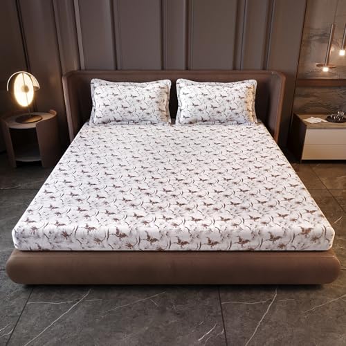 Image of Divine Casa Cotton King Size Bedsheet | 210 TC Pigment Twill Satin Bed Sheet with 2 Pillow Covers | Soft Breathable Bedsheet for King Size Bed | 275 x 275 cm (Off White, Floral)