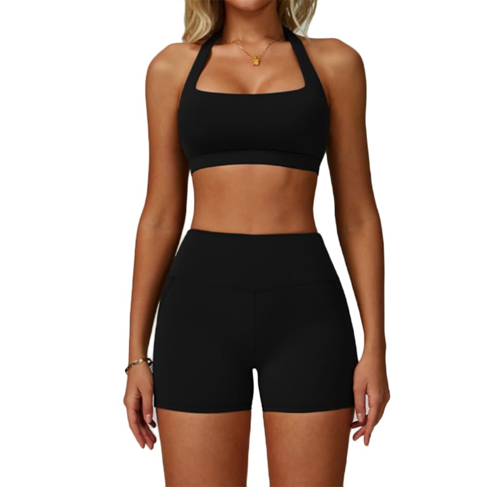XYFfybhsd 2Pcs Solid Breathable Beauty Back Bra Vest Workout Gym Fitness Active Wear Sports Yoga Set(Size:M,Color:Black)