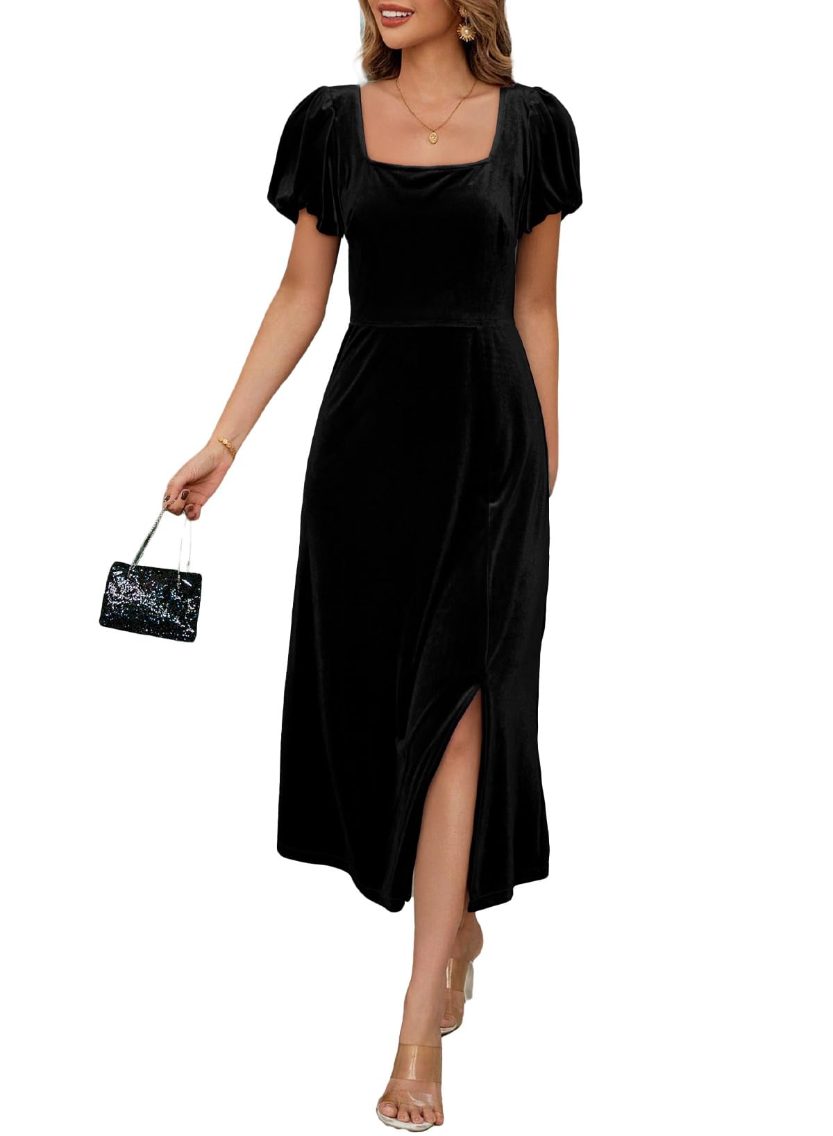 BLENCOT Womens Casual Fall Short Sleeve Square Neck Midi Dress Side Slit Velvet Wedding Guest Flowy Party Dresses