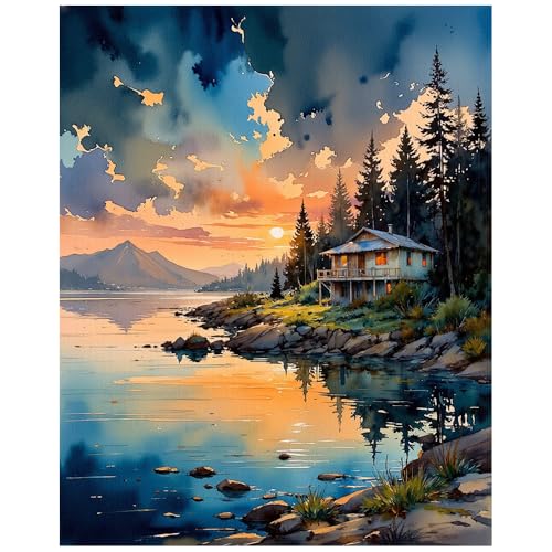 Paint by Numbers Kit for Adults 16x20in, DIY Acrylic Painting on Canvas, Lake Cabin Sunset Mountain Landscape with Trees and Lake Reflection, Unframed Beginner Wall Art, Gift for Friends and Family