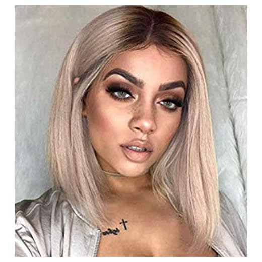 Chtom Ombre blond realistiska peruker för kvinnor kort bob blont peruk syntetiskt silkesigt rakt hår med bruna rötter