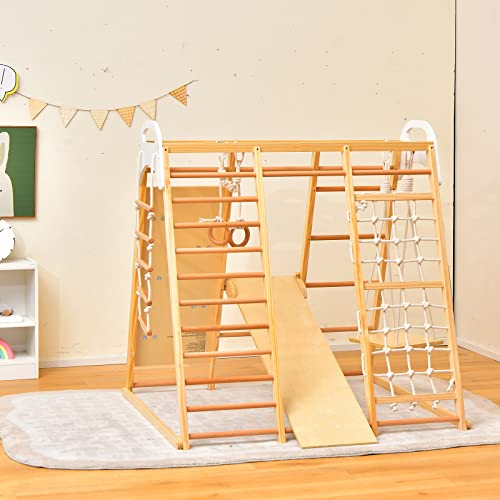 Foto von DREAMADE 8 in 1 Kletterdreieck Kletterspielzeug mit Schaukel Leiter Rutsche Kletternetz Turnringe, Spielplatz Indoor Klettergerüst aus Holz zum Rutschen & Klettern für Kinder ab 3 Jahren (Natur)