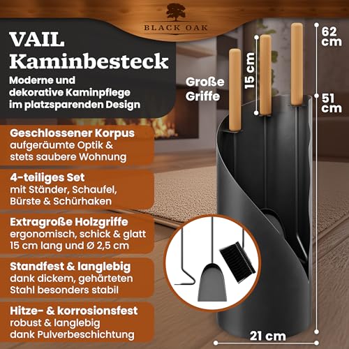 BLACK OAK Juego de utensilios para chimenea VAIL 4 piezas - juego moderno de utensilios para estufa negro con mango de madera 4 piezas con atizador, pala para cenizas, escobilla para chimenea + - imagen 2