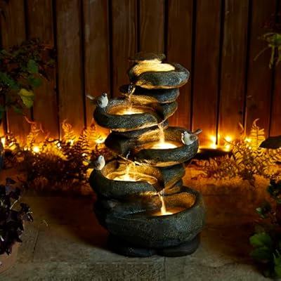 Glitzhome 5-Tier Cascading Rock Outdoor Water Fountain with LED Light & Pump, Natural Stacked Stone Look Water Fountain with Lively Birds for Garden, Patio, Porch, 23”H