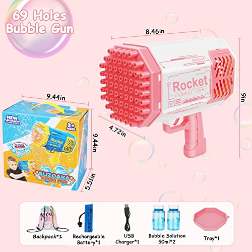 69 Holes Bubble Machine Gun With Lights & Bubble Solutions, Bubble Gun Bubbles Maker Blaster Blower For Toddlers Boys Girls Age 3 4 5 6 7 8 9 10 Year Old, Toy Gift For Birthday Wedding Party -Pink #TOP4