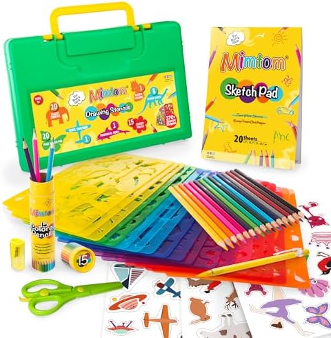Mimtom Drawing Stencils Kit for Kids | 20 PC Stencil Set with 370+ Shapes Animals, Dinosaurs, Flowers, Letters & Numbers | 15 Colored Pencils, Pencil Sharpener, Sketch Pad & Carrying Case