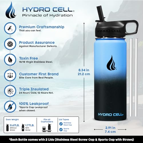 Image of HYDRO CELL Stainless Steel Insulated Water Bottle with Straw - For Cold & Hot Drinks - Metal Vacuum Flask with Screw Cap and Modern Leakproof Sport Thermos for Adults (Blue /Black 18oz)
