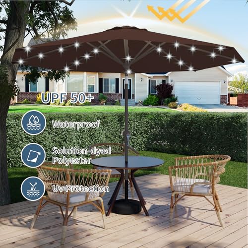 Image of 9FT Patio Umbrella with Solar Lights,Outdoor Market Umbrella with Tilt and Crank, LED Lighted Table Umbrella for Garden,Deck,Backyard,Pool,Beach (Brown)