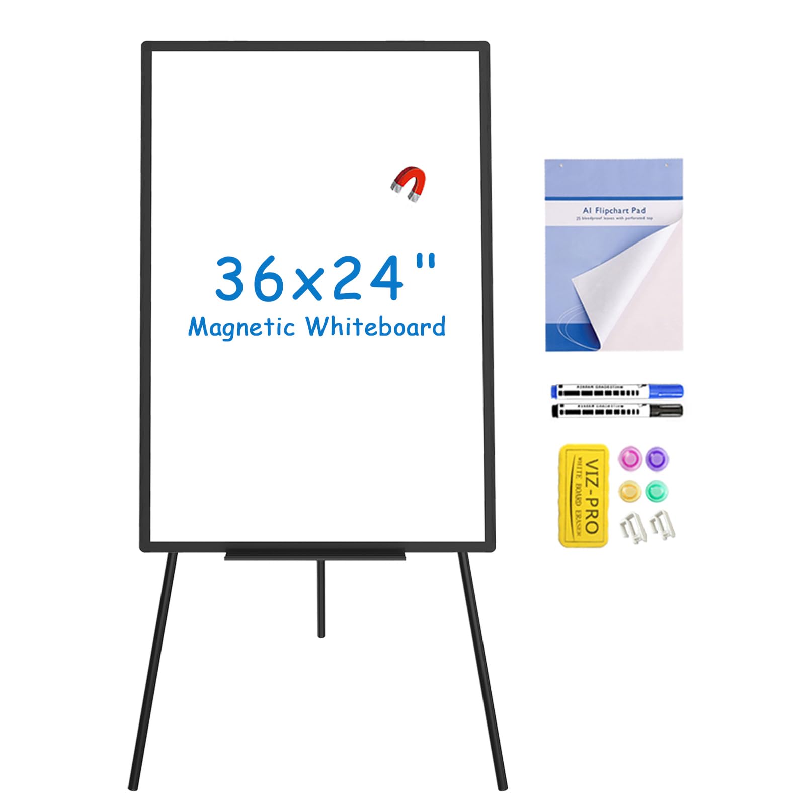 VIZ-PRO Magnetic Whiteboard Easel Black, 90 x 60 cm, Portable Dry Erase Board Height Adjustable for School Office and Home