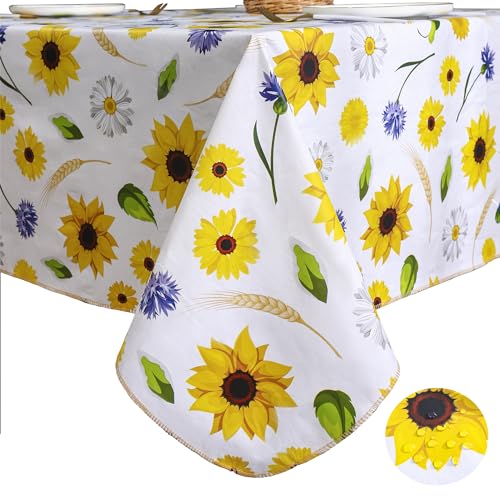 Image of Heavy Duty Vinyl Tablecloth with Flannel Backing Waterproof Oil-Proof Plastic Table Cloth Stain-Resistant Wipeable Rectangle or Square Table Cover for Indoor and Outdoor (Yellow Flower, 60x102 Inch)