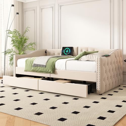 HMYFGD Twin Size Daybed with Storage Drawers, Upholstered Daybed with 2 USB Ports, Sturdy Wood Frame,Day Bed for Bedroom, No Box Spring Needed (Beige-3, Twin w/Drawers)