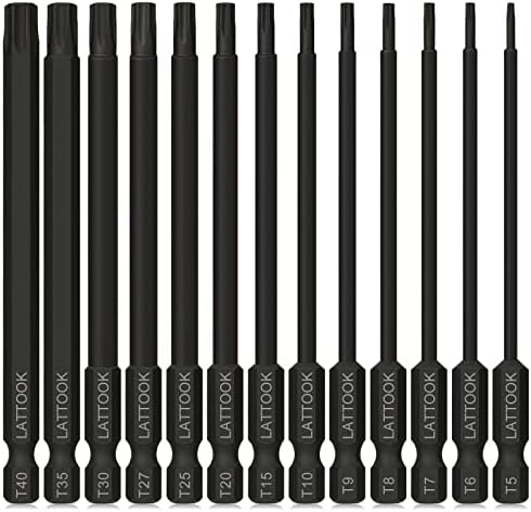 Torx Bit Set, LATTOOK 13PCS Impact Security Torx Bit Set, Tamper Resistant Star Bits Set, S2 Steel with Magnetic, 1/4'' Hex Shank Screwdriver Bit Set, 4'' Long, T5 - T40 Includes T20 and T25 Bit