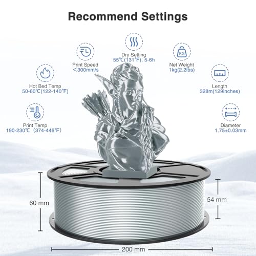 Image of Silk Silver PLA Filament 1.75mm, High Speed PLA for Fast Printing Shiny 3D Printer Filament Low Warp & Clog-Free, Dimensional Accuracy + /- 0.03mm, 1kg(2.2lbs), Fits for Most FDM 3D Printers