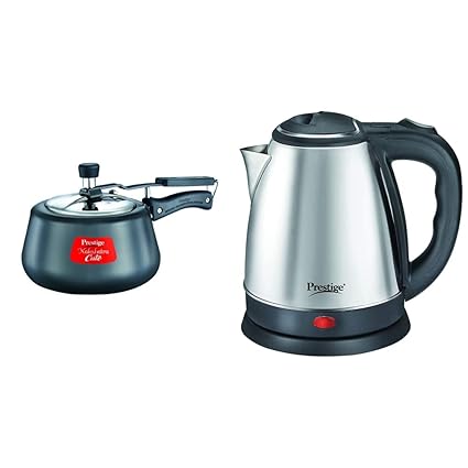Prestige Nakshatra Cute Hard Anodized Aluminum Pressure Cooker, 2 litres, Charcoal Black and Electric Kettle PKOSS - 1500watts, Steel (1.5Ltr), Black Combo